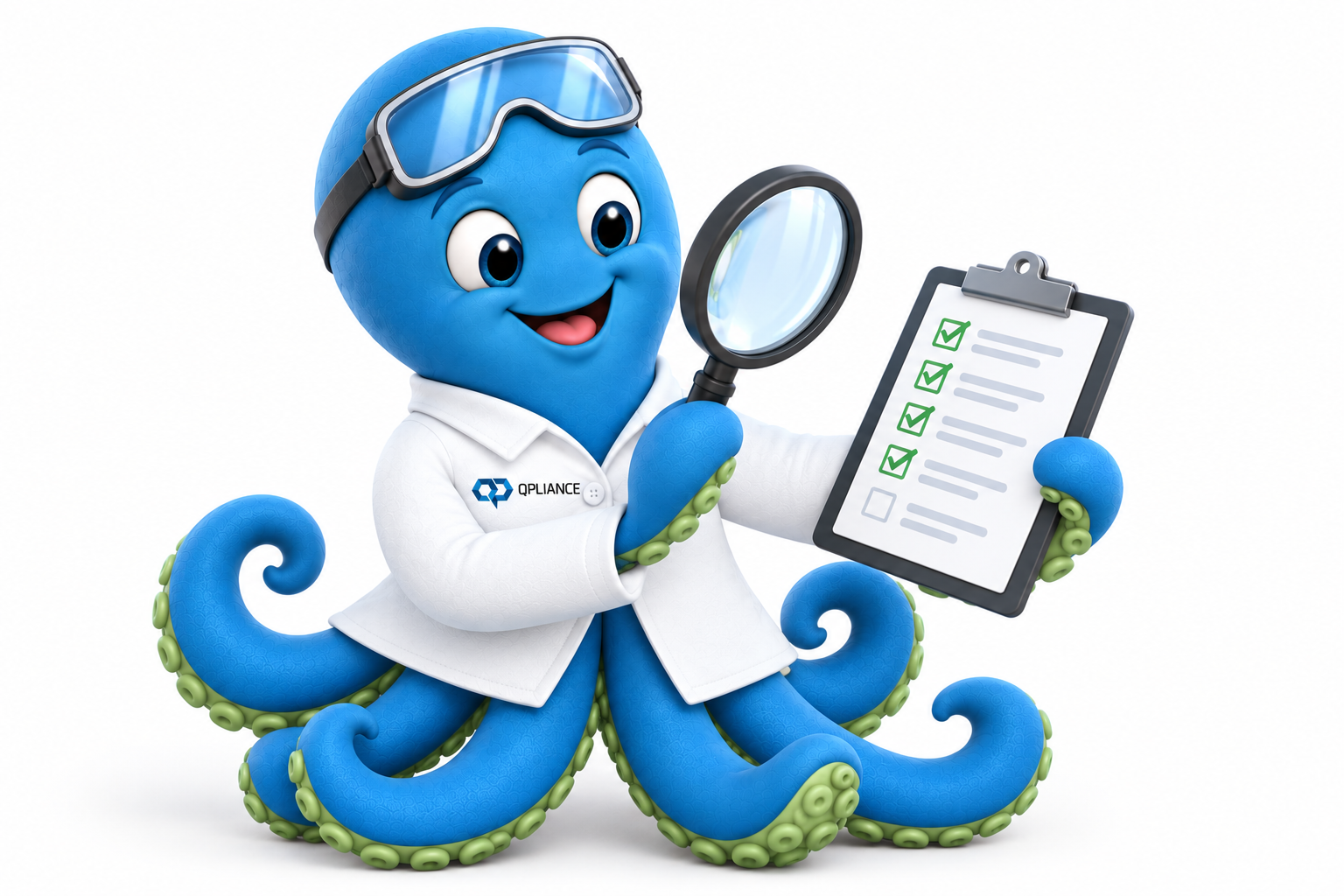 Q-ChroM-Oktopus prüft mit Lupe eine Checkliste