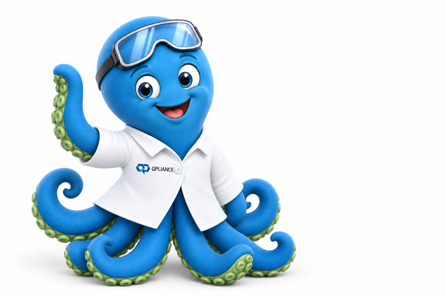 Q-ChroM-Oktopus im Laborkittel winkt